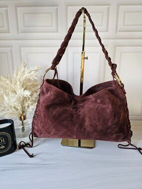 Burgundy Suede Hobo Shoulder Bag, Slouchy Italian Leather Purse, Braided Strap
